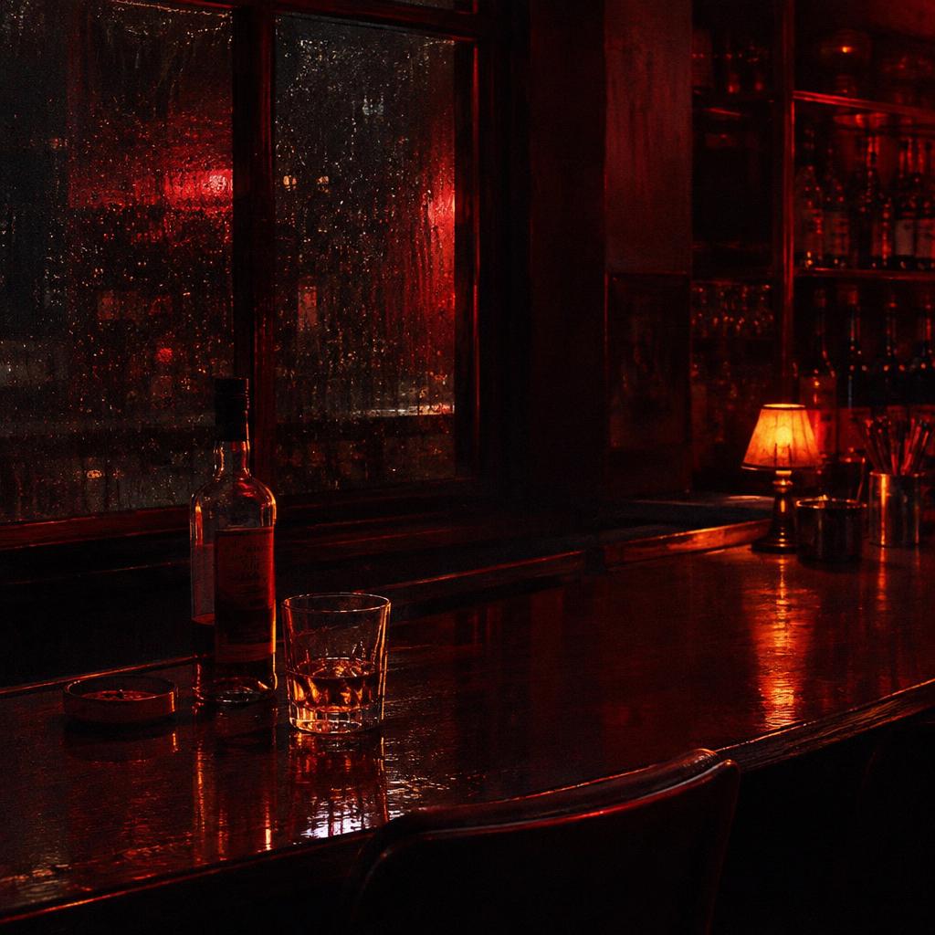 BORN AFTER MIDNIGHT artwork: an empty bar at night with rain on the window