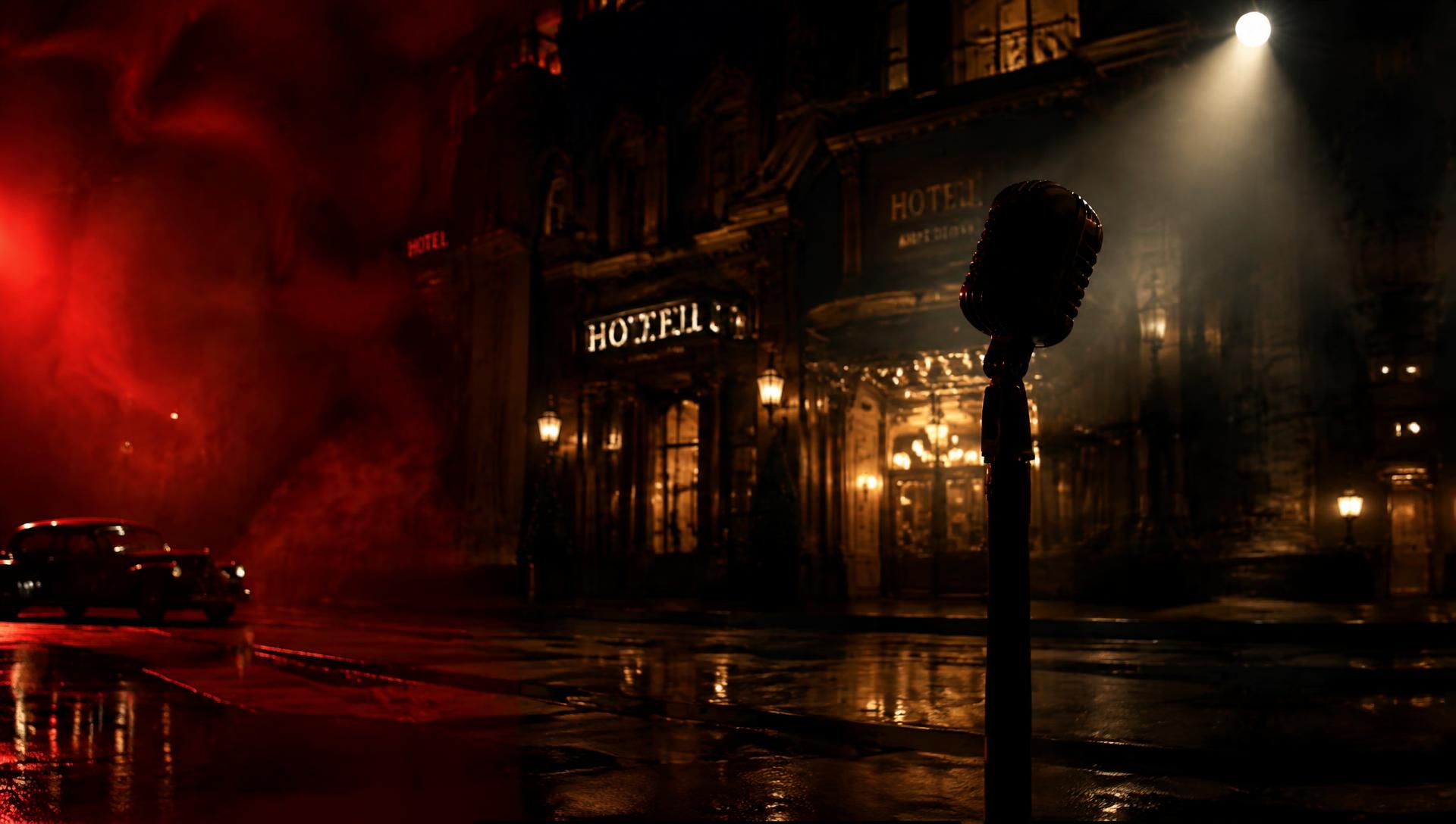 A vintage microphone stands alone on a rain-soaked street outside a grand hotel at night